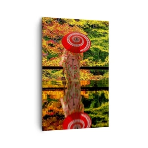 Obraz na płótnie - Kobieta w kimonie z parasolem na tle jesiennego krajobrazu - 80x120cm - W świątyni natury - Nowoczesna dekoracja ścienna do salonu i sypialni ARTTOR