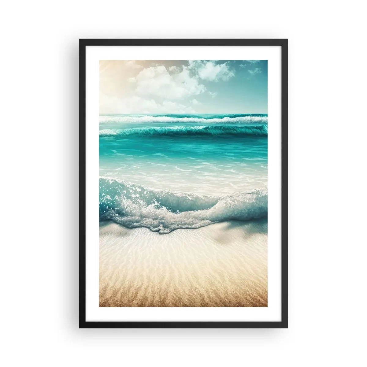 Plakat w czarnej ramie - Turkusowe fale rozbijające się o złocisty piasek plaży - 50x70cm - Spokój oceanu - Nowoczesna dekoracja ścienna do salonu i sypialni ARTTOR