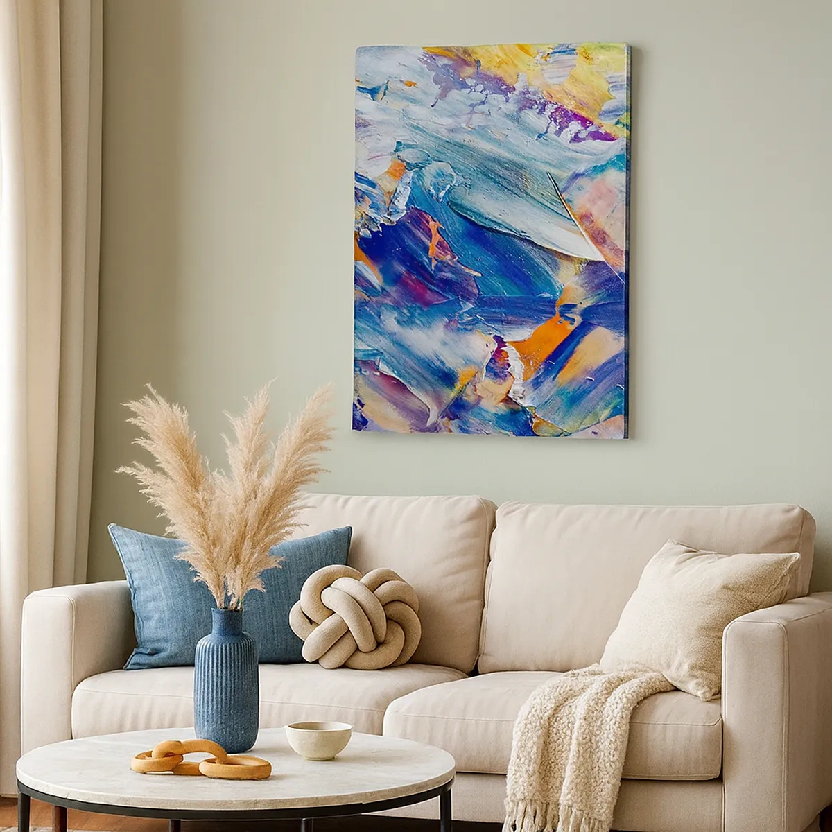 Obraz na płótnie - Abstrakcyjne pociągnięcia pędzla w odcieniach niebieskiego, fioletu i pomarańczu - 50x70cm - Zamęt koloru - Nowoczesna dekoracja ścienna do salonu, kuchni i sypialni ARTTOR