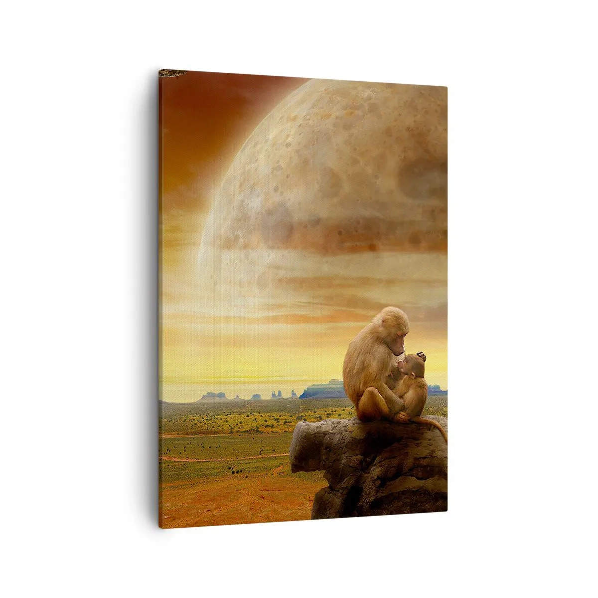 Obraz na płótnie - Małpy na skałach w surrealistycznym krajobrazie - 50x70cm - Miłość wszędzie ta sama - Nowoczesna dekoracja ścienna do salonu, kuchni i sypialni ARTTOR