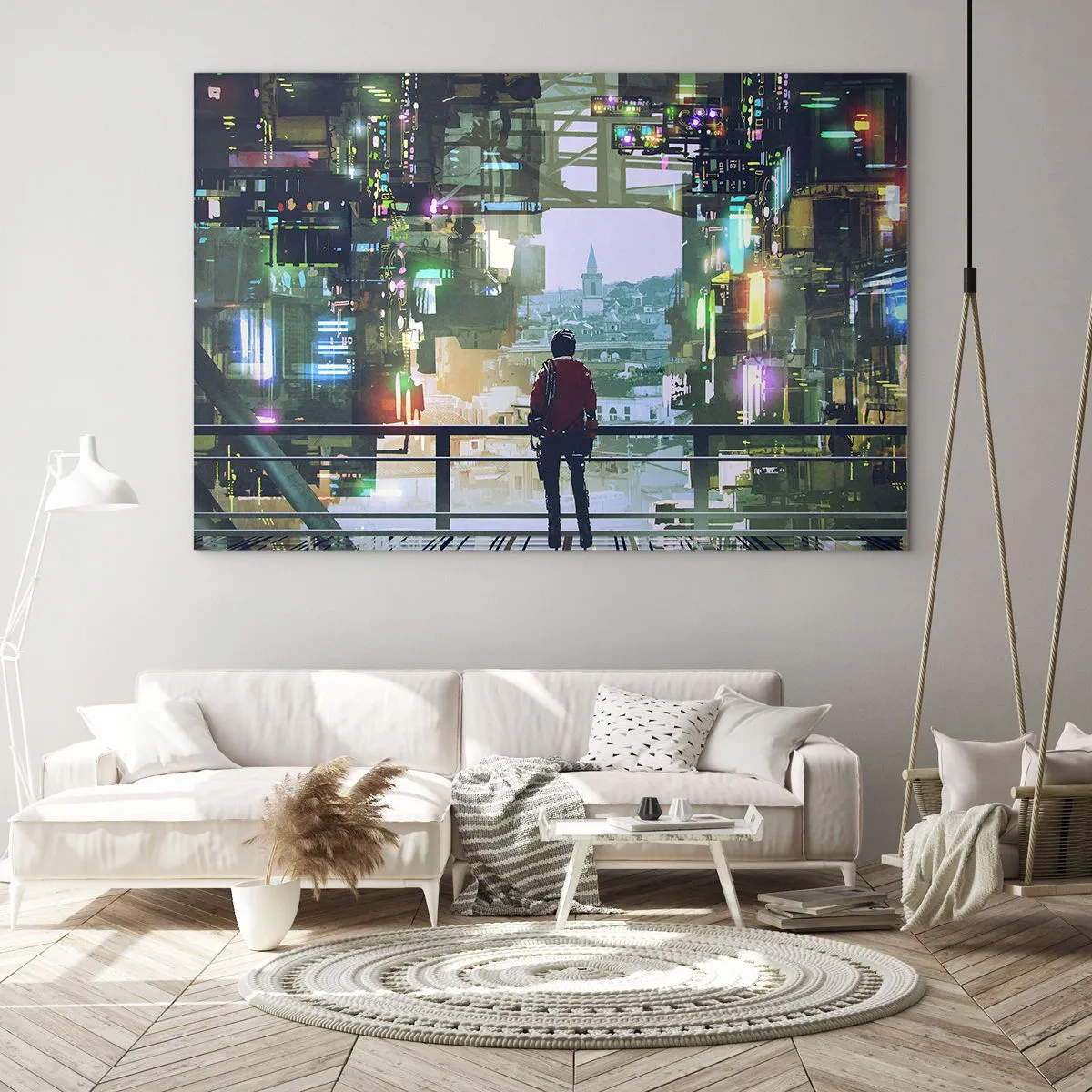 Obraz na szkle - Postać na tle futurystycznego miasta z widokiem na starówkę - 70x50cm - Dwa światy - Nowoczesna dekoracja ścienna do salonu i sypialni ARTTOR