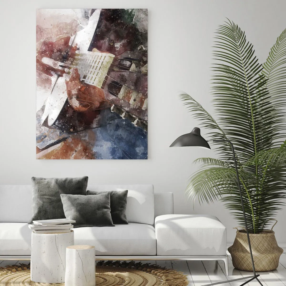 Obraz na szkle - Akwarelowy obraz przedstawiający grę na gitarze w artystycznym stylu - 50x70cm - I co o tym myślisz? - Nowoczesna dekoracja ścienna do salonu, kuchni i sypialni ARTTOR
