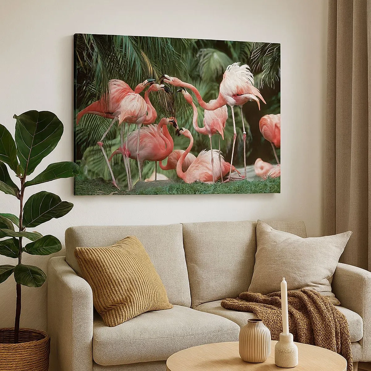 Obraz na płótnie - Grupa flamingów w tropikalnym otoczeniu palm - 70x50cm - Popołudniowe ploteczki - Nowoczesna dekoracja ścienna do salonu i sypialni ARTTOR