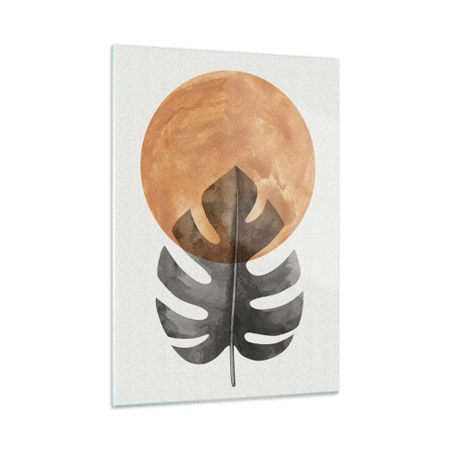 Obraz na szkle - Liść monstery i pomarańczowe koło w stylu graficznym na białym tle - 50x70cm - Zawsze słońce - Nowoczesna dekoracja ścienna do salonu, kuchni i sypialni ARTTOR