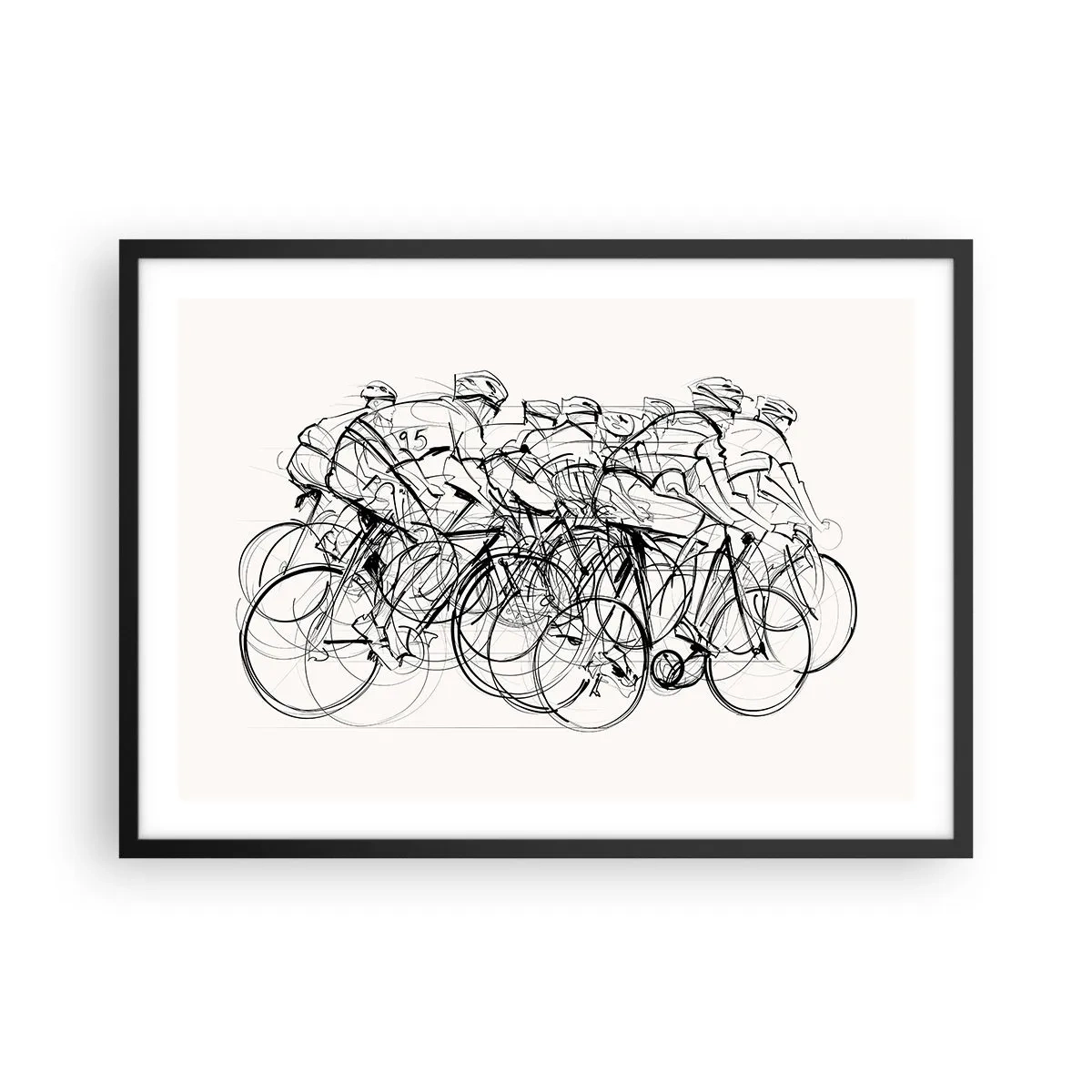 Plakat w czarnej ramie - Grupa kolarzy w ruchu w minimalistycznym stylu - 70x50cm - Wespół w zespół - Nowoczesna dekoracja ścienna do salonu i sypialni ARTTOR