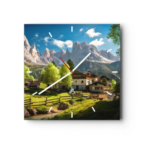 Zegar ścienny - Górska wioska z domami i widokiem na szczyty Alp - 30x30cm - Alpejska sielanka - Nowoczesna dekoracja ścienna do salonu i sypialni ARTTOR