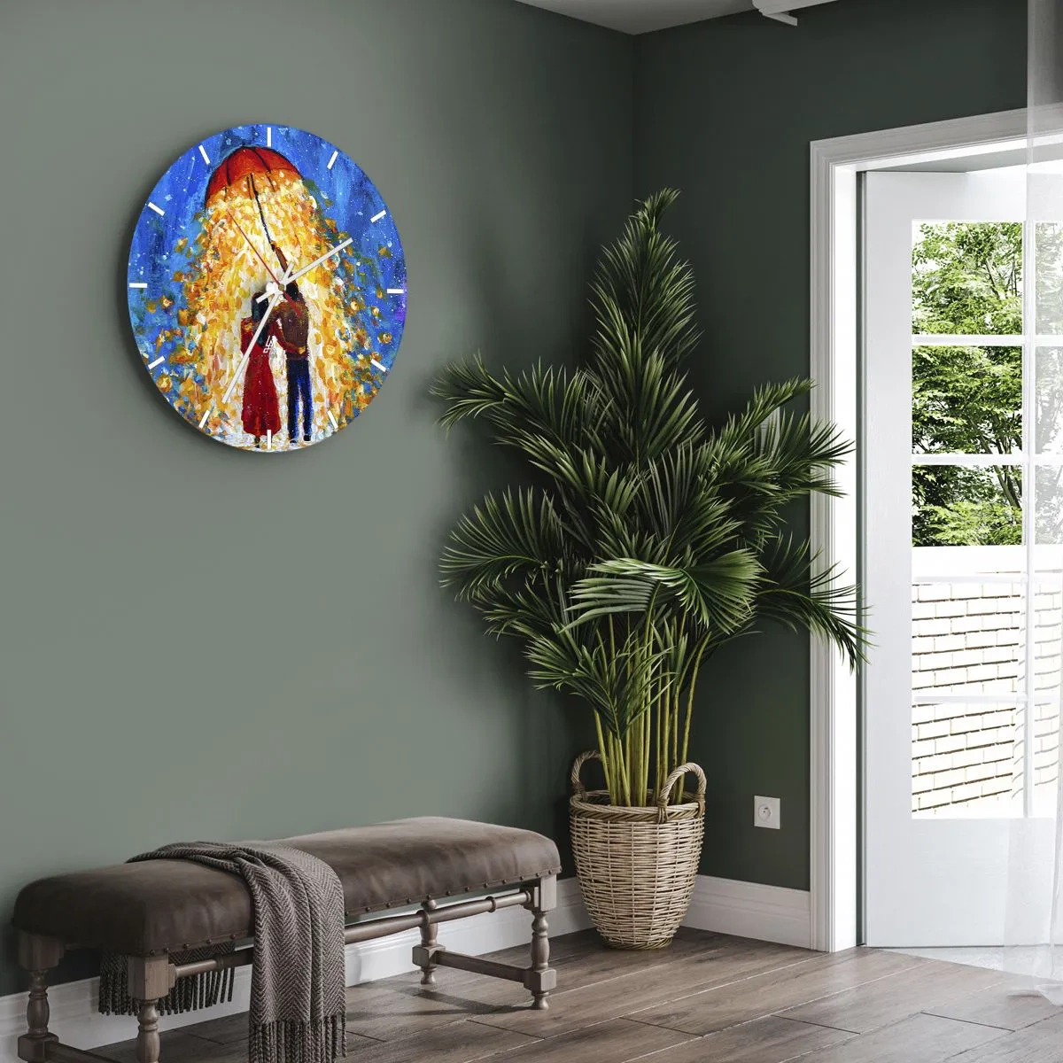 Zegar ścienny - Para pod czerwonym parasolem w świetlistym deszczu barw - 30x30cm - Magia deszczowego wieczoru? - Nowoczesna dekoracja ścienna do salonu, kuchni i sypialni ARTTOR