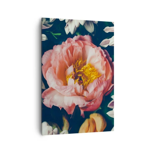 Obraz na płótnie - Kwiatowa kompozycja z piwonią i chryzantemami na ciemnym tle - 70x100cm - Z barokowym przepychem - Nowoczesna dekoracja ścienna do salonu i sypialni ARTTOR