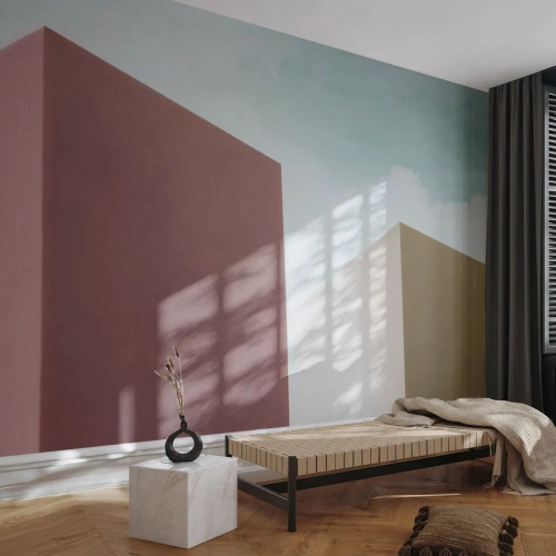 Fototapeta Standard Eco - Minimalistyczne geometryczne bryły na tle letniego nieba - 100x70cm - Geometria słonecznego lata - Nowoczesna dekoracja ścienna do salonu i sypialni ARTTOR