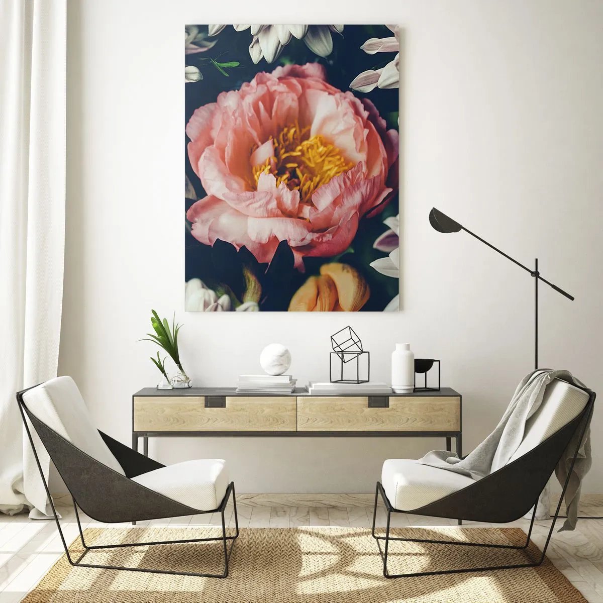 Obraz na szkle - Zbliżenie na piwonie i chryzantemy w pastelowych odcieniach - 50x70cm - Z barokowym przepychem - Nowoczesna dekoracja ścienna do salonu, kuchni i sypialni ARTTOR