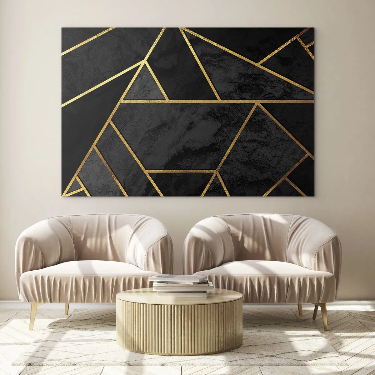 Obraz na szkle - Czarno-złota geometryczna kompozycja na marmurowym tle - 120x80cm - Mrok i blask - Nowoczesna dekoracja ścienna do salonu, kuchni i sypialni ARTTOR