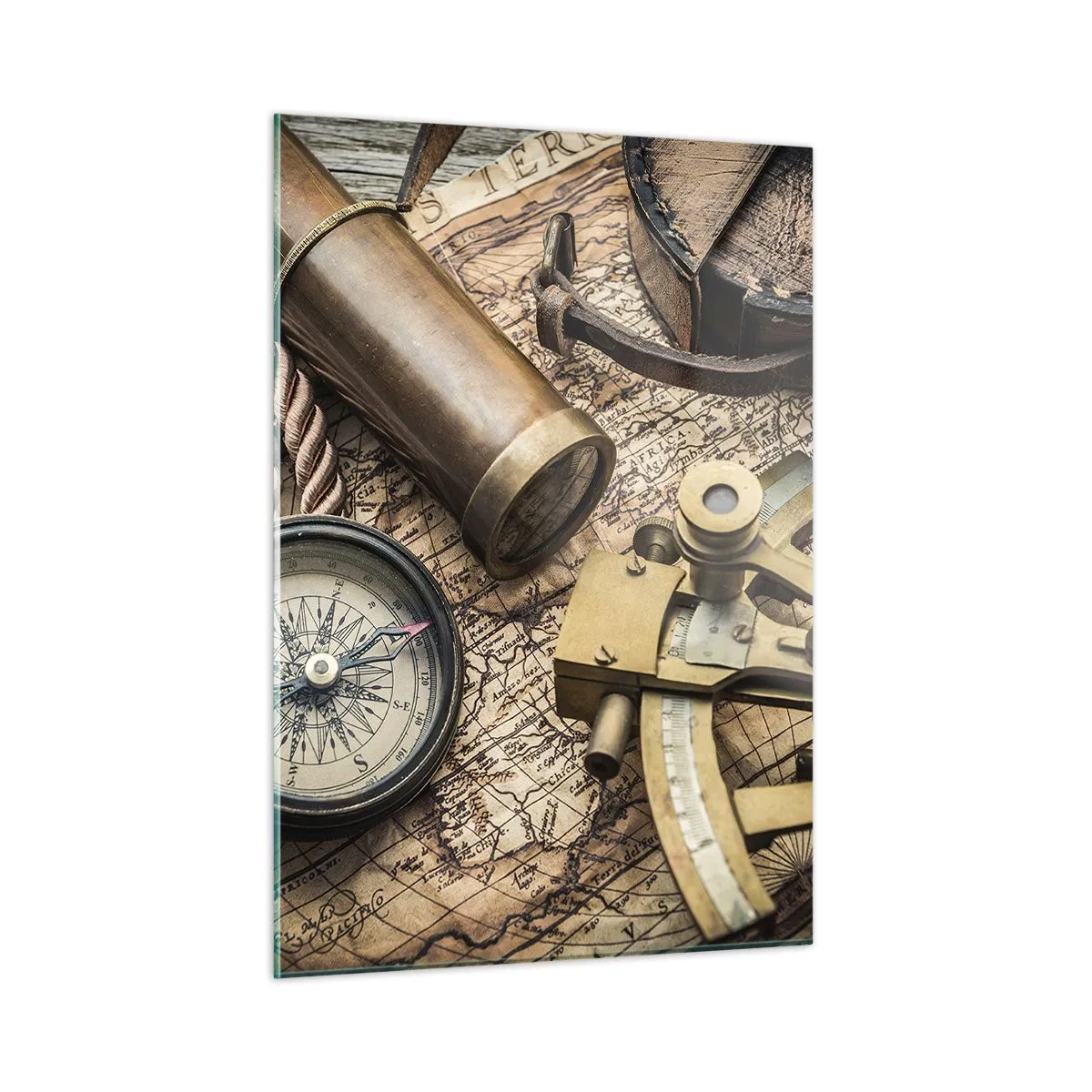 Obraz na szkle - Kompas, mapa i przyrządy nawigacyjne w stylu retro - 50x70cm - Wyznacz kurs - Nowoczesna dekoracja ścienna do salonu, kuchni i sypialni ARTTOR