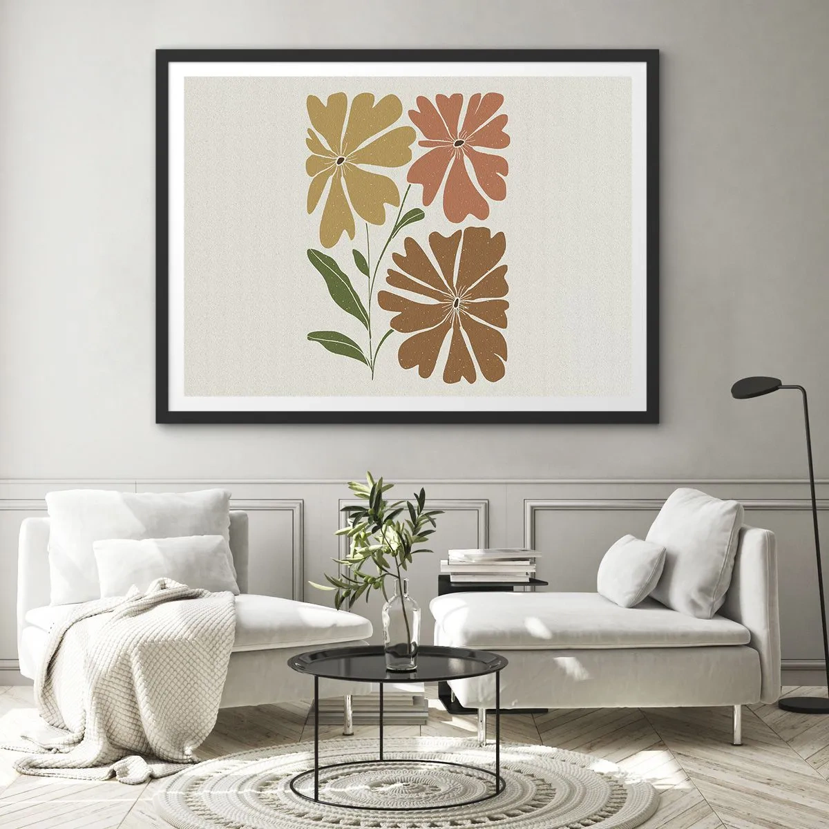 Plakat w czarnej ramie - Trzy kwiaty w ciepłych barwach na jasnym tle - 100x70cm - Natura i geometria - Nowoczesna dekoracja ścienna do salonu i sypialni ARTTOR