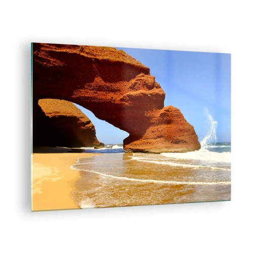 Obraz na szkle - Czerwone skalne łuki nad plażą i oceanem - 70x50cm - Woda i wiatr przez tysiące lat - Nowoczesna dekoracja ścienna do salonu i sypialni ARTTOR