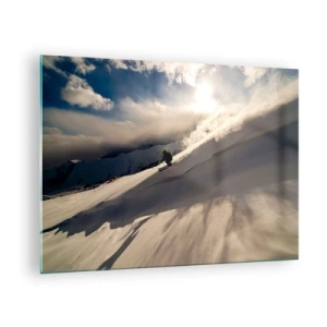 Obraz na szkle - Narciarz zjeżdżający po stoku w świetle zimowego słońca - 70x50cm - Podjęte wyzwanie gór - Nowoczesna dekoracja ścienna do salonu i sypialni ARTTOR