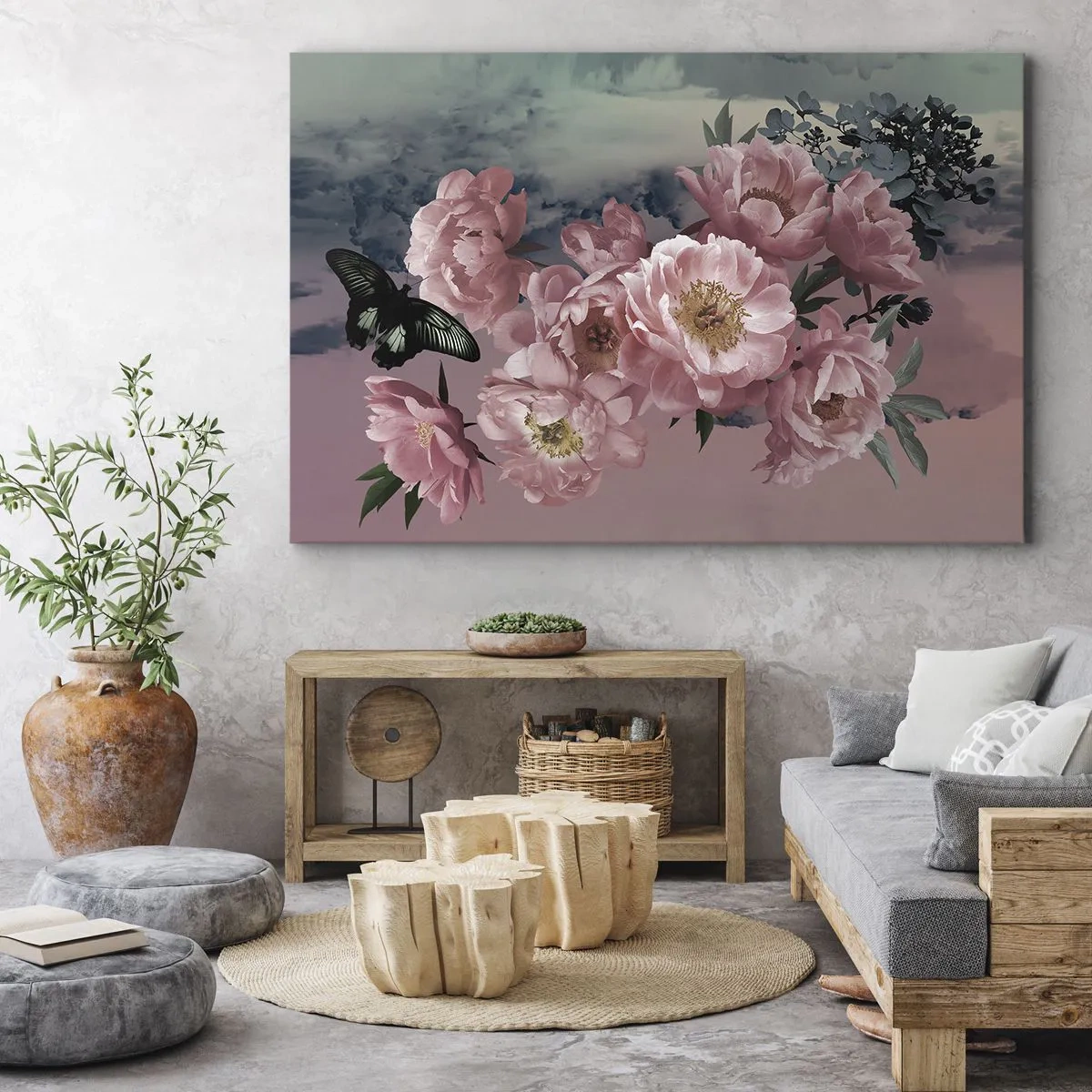 Obraz na płótnie - Różowe piwonie z motylem na pastelowym tle - 70x50cm - Szczyt romantyzmu - Nowoczesna dekoracja ścienna do salonu i sypialni ARTTOR