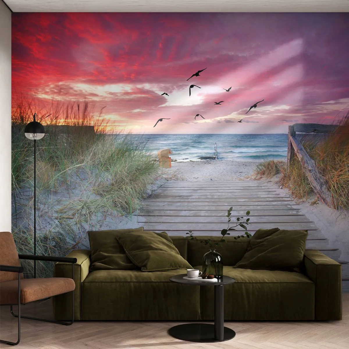 Fototapeta Premium Sand - Drewniana ścieżka przez wydmy prowadząca na plażę o zachodzie - 100x70cm - Bałtycka impresja - Nowoczesna dekoracja ścienna do salonu, kuchni i sypialni ARTTOR