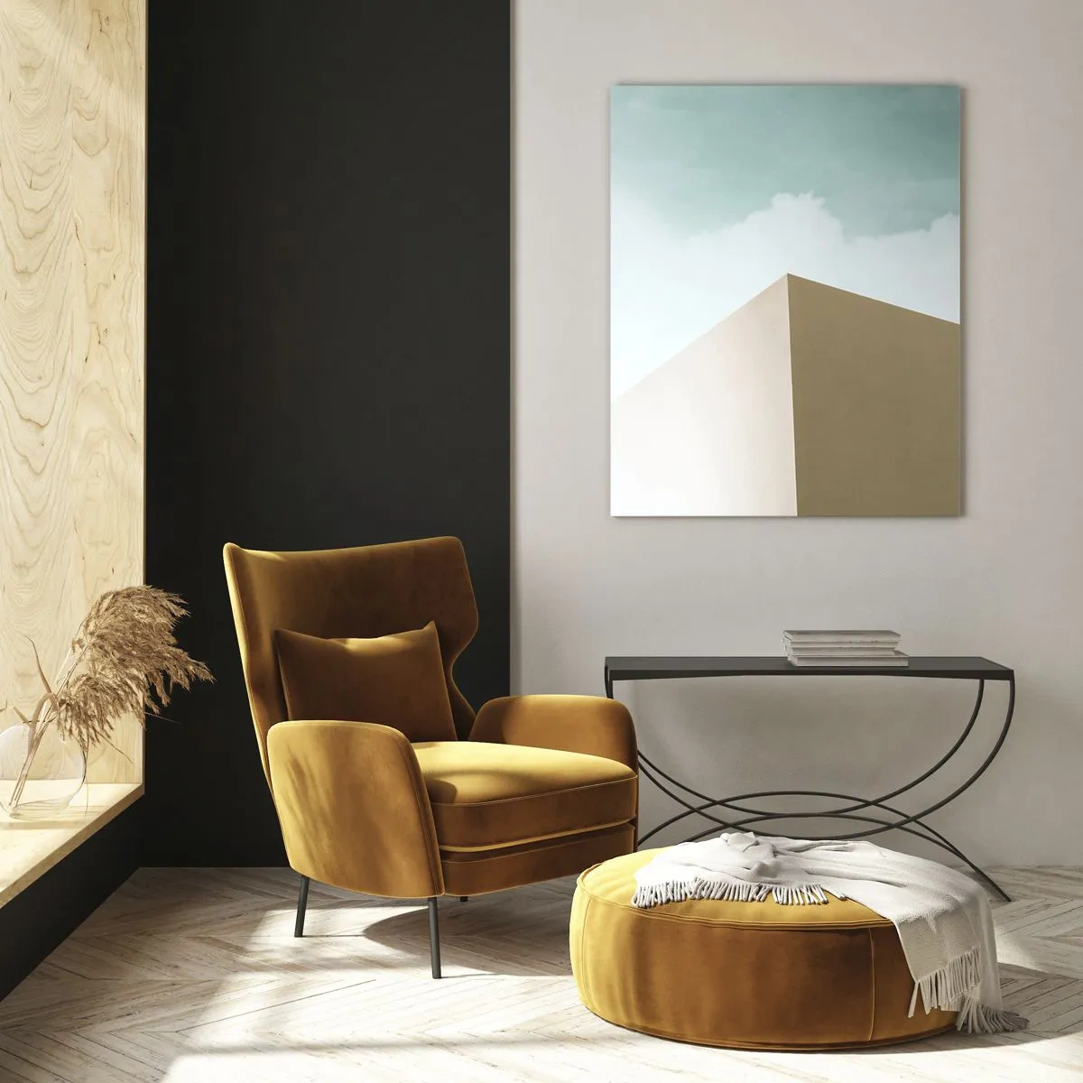 Obraz na szkle - Minimalistyczna architektura z pastelowymi blokami i niebem - 70x100cm - Geometria słonecznego lata - Nowoczesna dekoracja ścienna do salonu i sypialni ARTTOR