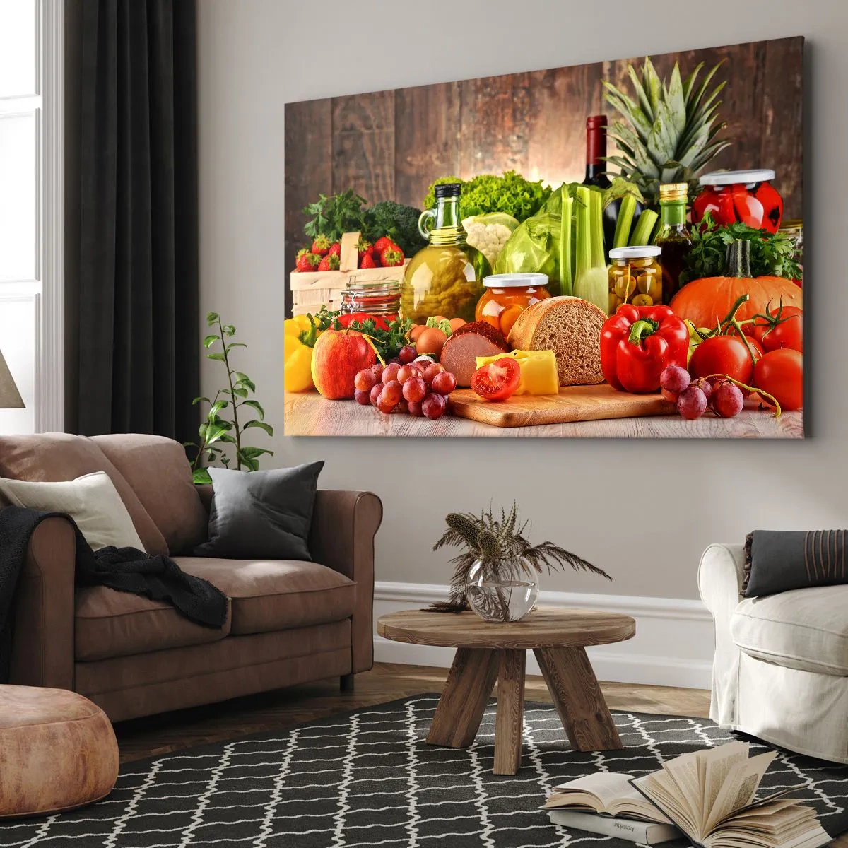Obraz na płótnie - Kolorowe owoce, warzywa i produkty spożywcze - 120x80cm - Wędzone, pieczone, marynowane - Nowoczesna dekoracja ścienna do salonu, kuchni i sypialni ARTTOR