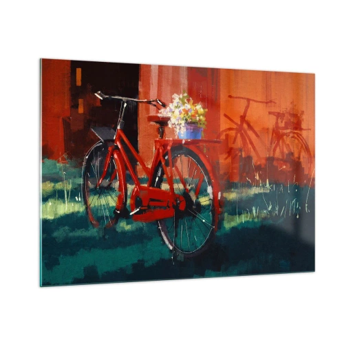 Obraz na szkle - Czerwony rower z kwiatami na tle czerwonego budynku - 100x70cm - I want to ride my bicycle - Nowoczesna dekoracja ścienna do salonu, kuchni i sypialni ARTTOR