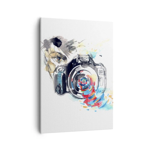 Obraz na płótnie - Artystyczna scena z aparatem fotograficznym z dynamicznymi akcentami - 50x70cm - W oku obiektywu - Nowoczesna dekoracja ścienna do salonu, kuchni i sypialni ARTTOR