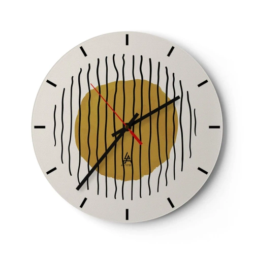 Zegar ścienny - Żółto-pomarańczowe koło otoczone czarnymi falującymi liniami - 30x30cm - Abstrakcja drżąca od żaru - Nowoczesna dekoracja ścienna do salonu, kuchni i sypialni ARTTOR