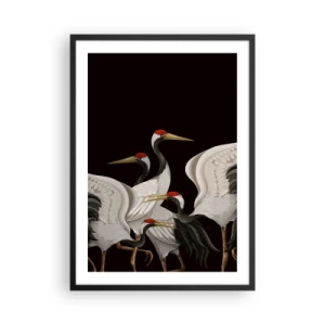 Plakat w czarnej ramie - Eleganckie żurawie na ciemnym tle w orientalnym stylu - 50x70cm - Ptasie sprawy - Nowoczesna dekoracja ścienna do salonu i sypialni ARTTOR