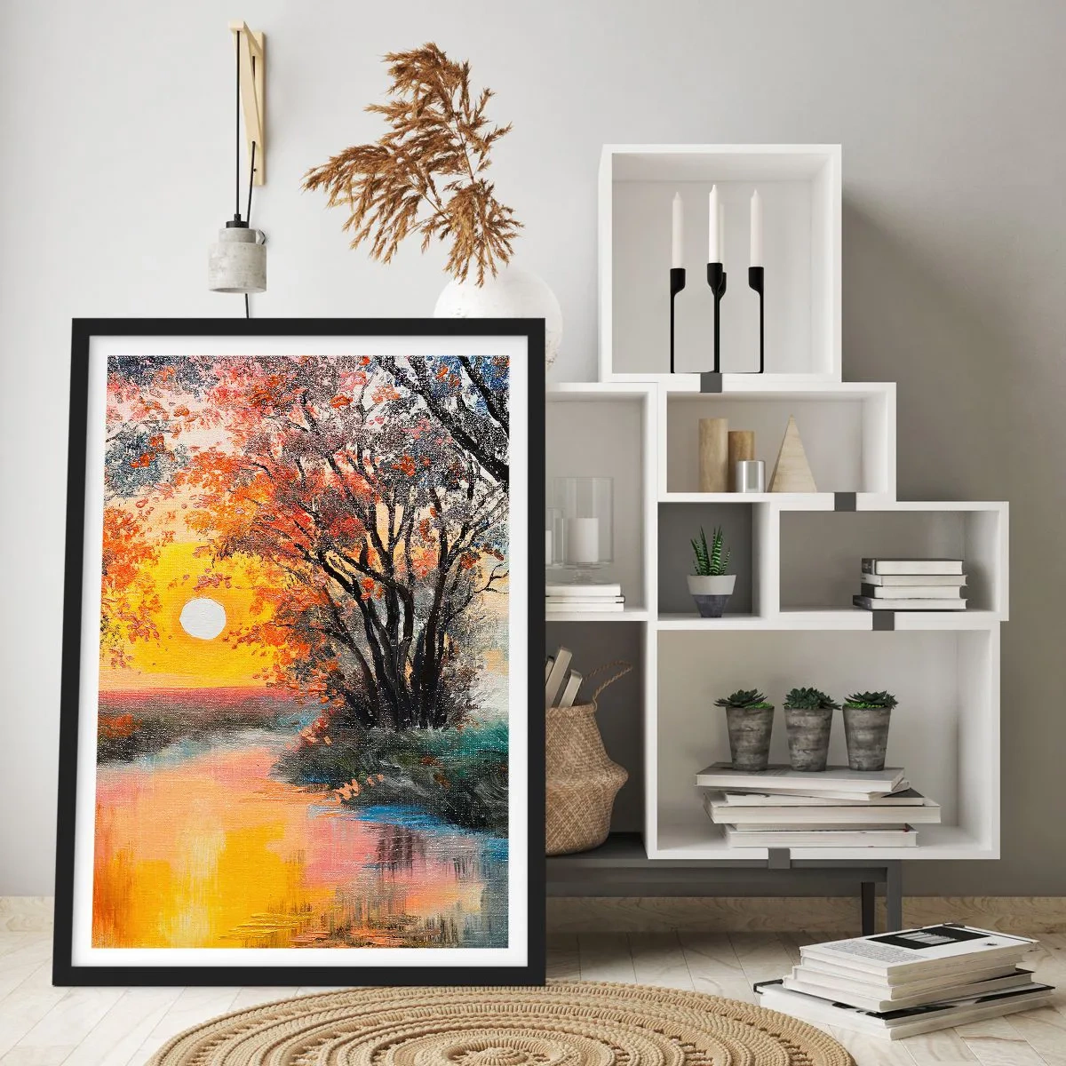 Plakat w czarnej ramie - Zachód słońca nad rzeką z drzewami - 50x70cm - Jesienne klimaty - Nowoczesna dekoracja ścienna do salonu i sypialni ARTTOR