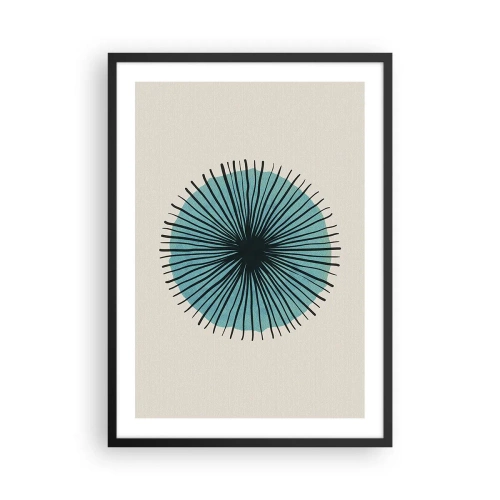 Plakat w czarnej ramie - Geometryczny wzór w formie promienistego okręgu - 50x70cm - Promieniście na błękicie - Nowoczesna dekoracja ścienna do salonu i sypialni ARTTOR