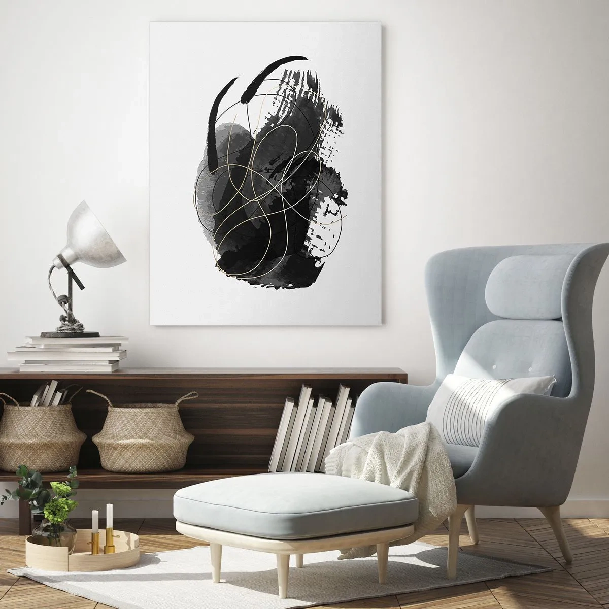 Obraz na szkle - Abstrakcja w czerni i złocie na białym tle - 70x100cm - Wysnute z czerni - Nowoczesna dekoracja ścienna do salonu i sypialni ARTTOR