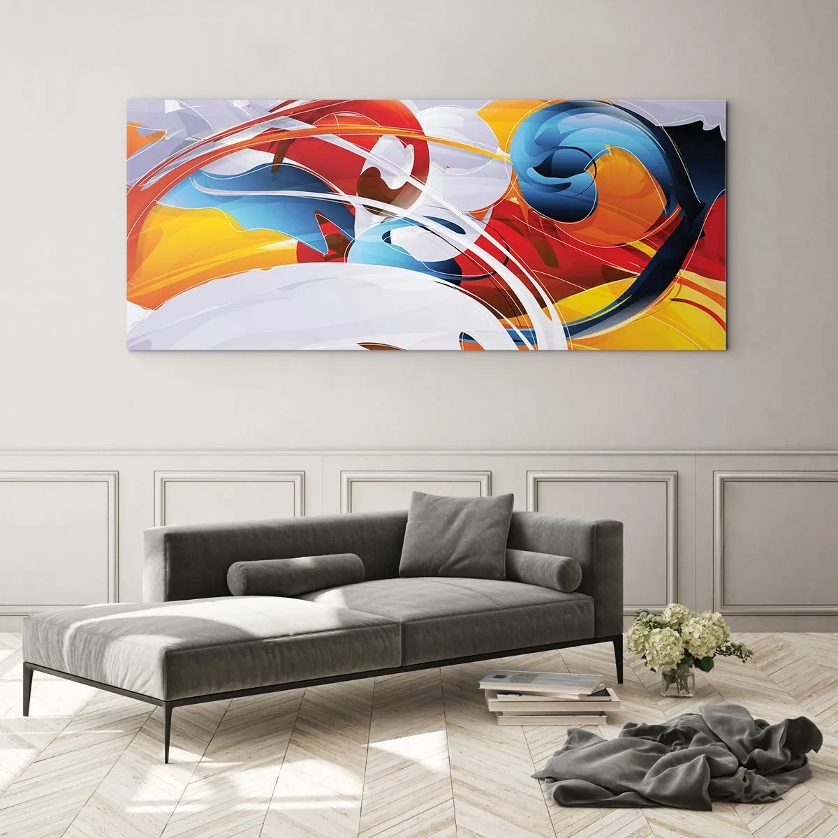 Obraz na szkle - Kolorowa abstrakcja z dynamicznymi liniami i żywymi barwami - 120x50cm - Taniec żywiołów - Nowoczesna dekoracja ścienna do salonu i sypialni ARTTOR