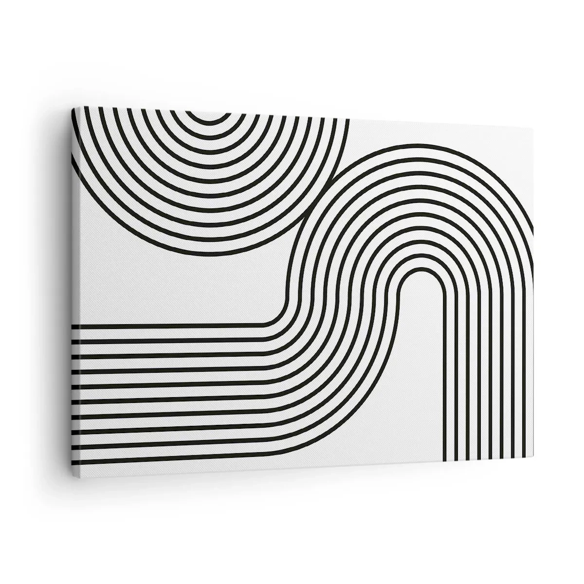 Obraz na płótnie - Abstrakcyjny obraz z czarnymi liniami tworzącymi geometryczne wzory na białym tle - 70x50cm - Na zakręcie - Nowoczesna dekoracja ścienna do salonu i sypialni ARTTOR