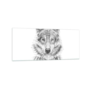 Obraz na szkle - Szkic głowy wilka w monochromatycznym stylu na białym tle - 120x50cm - Urodzony przywódca - Nowoczesna dekoracja ścienna do salonu i sypialni ARTTOR