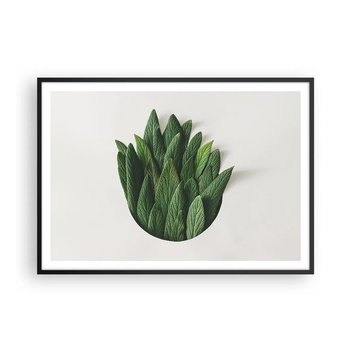 Plakat w czarnej ramie - Kompozycja zielonych liści na jasnym tle - 100x70cm - Nieposkromiona ciekawość - Nowoczesna dekoracja ścienna do salonu i sypialni ARTTOR