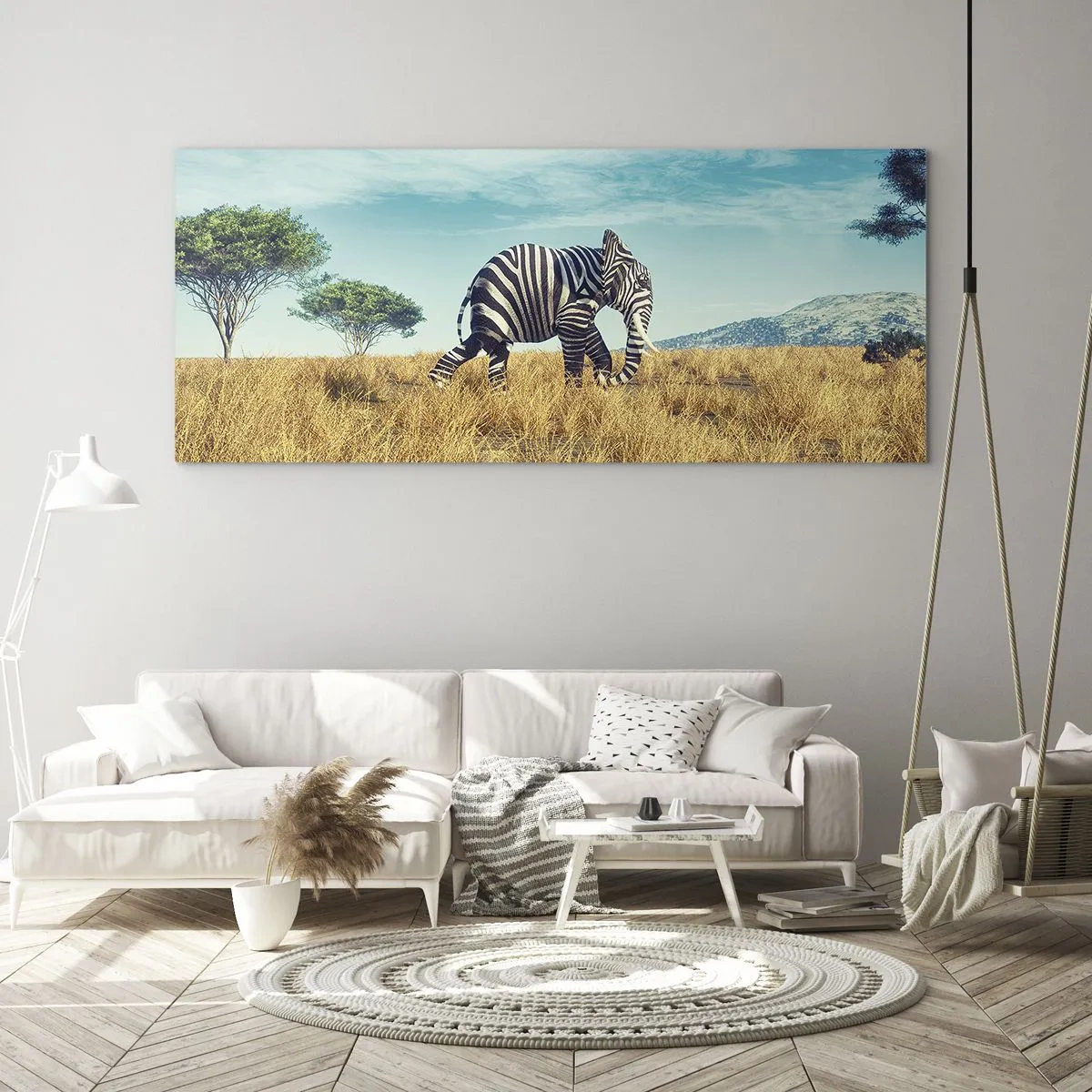 Obraz na szkle - Zebra w afrykańskim krajobrazie - 140x50cm - Szarość już niemodna - Nowoczesna dekoracja ścienna do salonu i sypialni ARTTOR