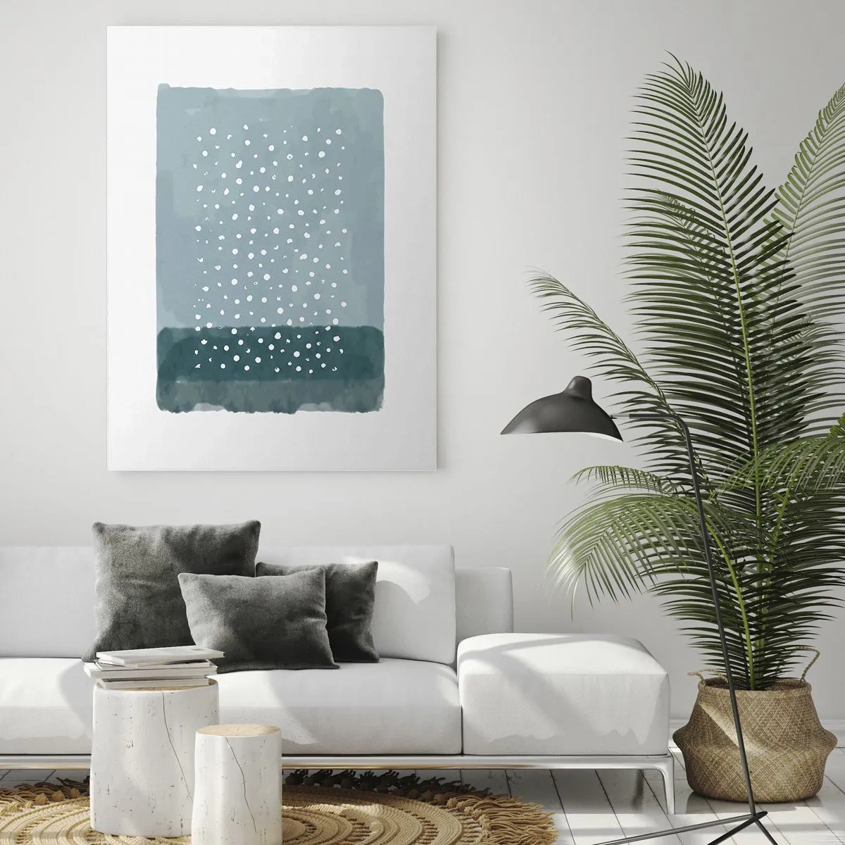 Obraz na szkle - Abstrakcyjny obraz w odcieniach błękitu z białymi kropkami - 50x70cm - Wyrosłe na błękicie - Nowoczesna dekoracja ścienna do salonu, kuchni i sypialni ARTTOR