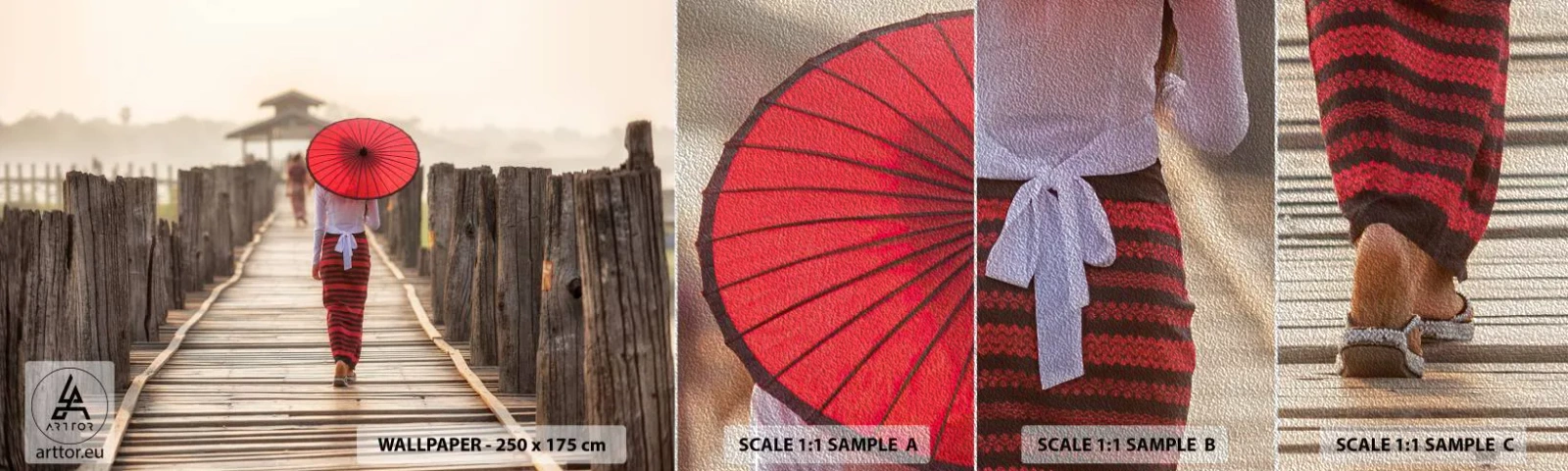 Fototapeta Próbka Premium Sand - Na starym moście - Parasol, Birma, Drewniany Pomost - 100x30 cm