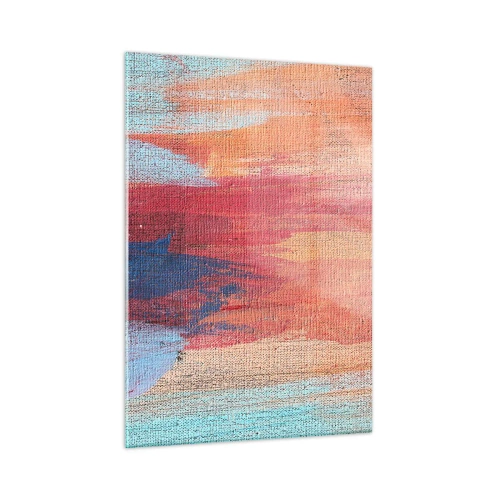 Obraz na szkle - Kolorowe smugi farby na płóciennej strukturze - 50x70cm - Spłynąć tęczą - Nowoczesna dekoracja ścienna do salonu, kuchni i sypialni ARTTOR