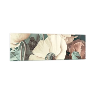 Obraz na szkle - Eleganckie kwiaty w pastelowych odcieniach na zielonym tle - 160x50cm - Szept maków - Nowoczesna dekoracja ścienna do salonu i sypialni ARTTOR