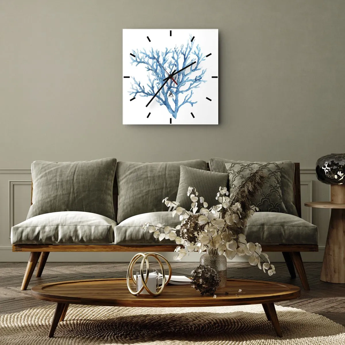Zegar ścienny - Błękitny koral na białym tle o minimalistycznym charakterze - 30x30cm - Morski filigran - Nowoczesna dekoracja ścienna do salonu i sypialni ARTTOR