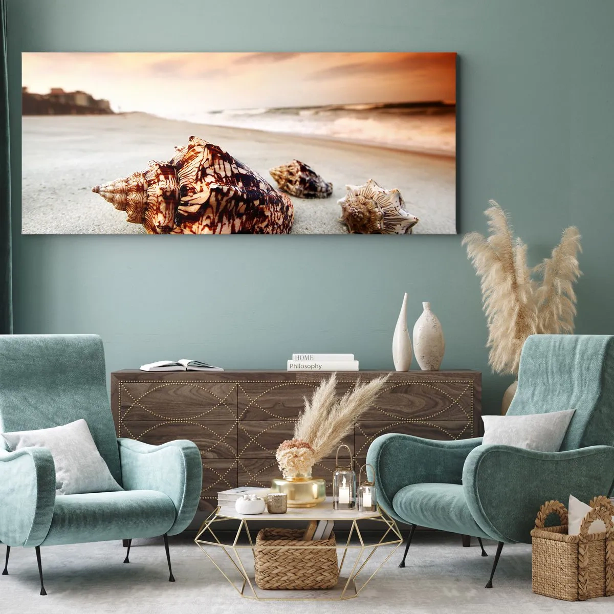 Obraz na płótnie - Muszle na plaży o zachodzie słońca - 120x50cm - Wygnanki fal - Nowoczesna dekoracja ścienna do salonu i sypialni ARTTOR