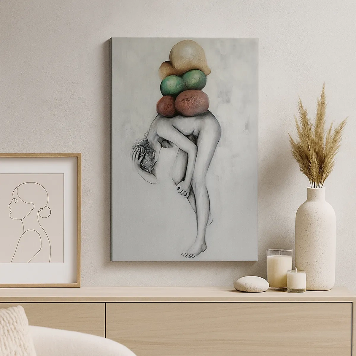 Obraz na płótnie - Surrealistyczny obraz nagiej postaci dźwigającej kolorowe kule - 50x70cm - Ciężar życia - Nowoczesna dekoracja ścienna do salonu, kuchni i sypialni ARTTOR