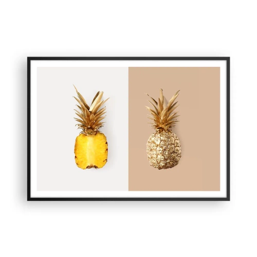Plakat w czarnej ramie - Połówka świeżego i złotego ananasa na kontrastowym tle - 100x70cm - Ananas dla nas - Nowoczesna dekoracja ścienna do salonu i sypialni ARTTOR