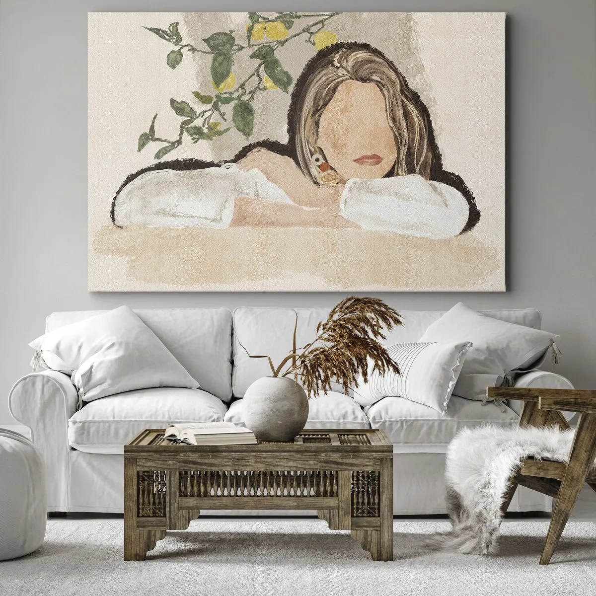 Obraz na płótnie - Postać kobiety na tle cytrynowego drzewa - 70x50cm - Piękność południa - Nowoczesna dekoracja ścienna do salonu i sypialni ARTTOR