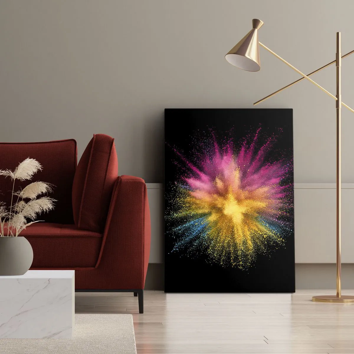 Obraz na płótnie - Eksplozja kolorowego proszku w odcieniach różu, żółci i błękitu na czarnym tle - 50x70cm - Narodziny barw - Nowoczesna dekoracja ścienna do salonu, kuchni i sypialni ARTTOR