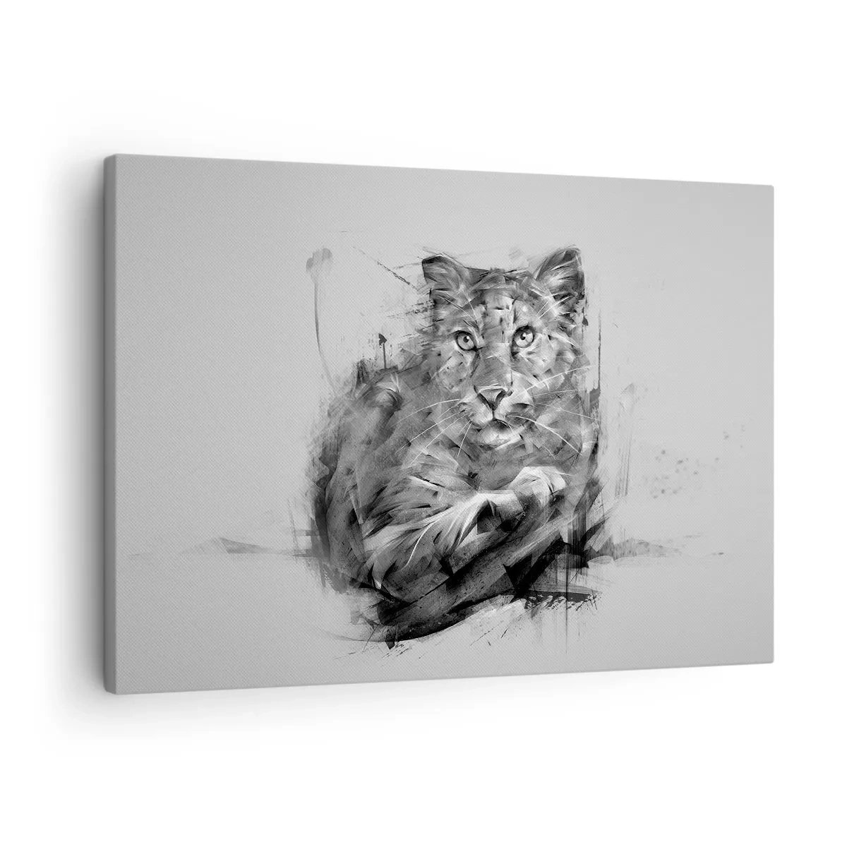 Obraz na płótnie - Tak, słucham uważnie - Czarno-biały portret lwa w artystycznym stylu z dynamicznymi pociągnięciami - 70x50cm
