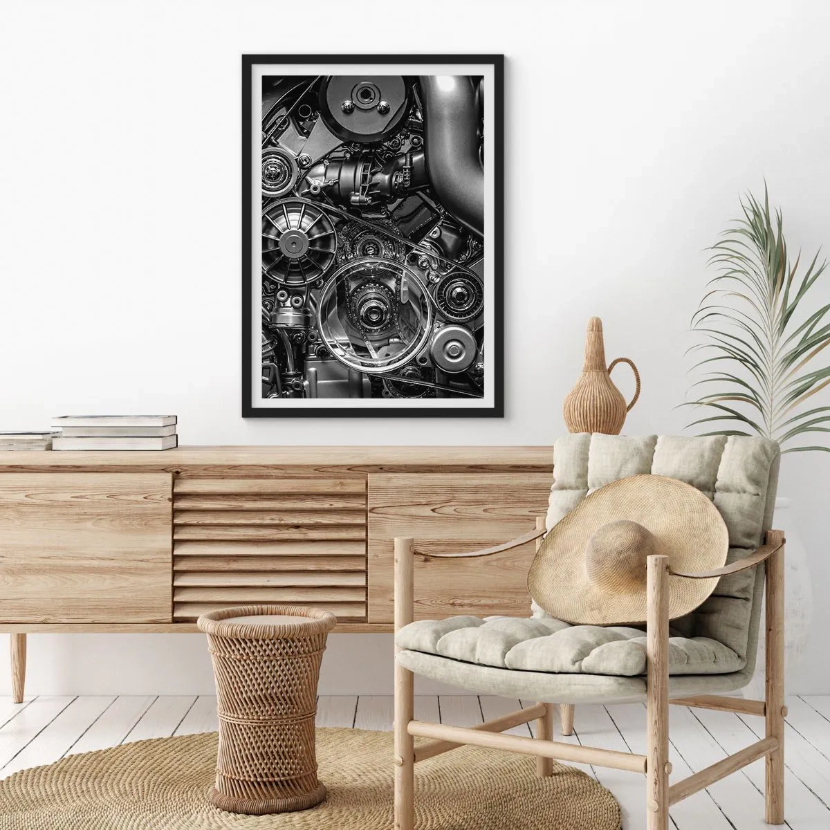 Plakat w czarnej ramie - Detaliczne zbliżenie na mechaniczne elementy silnika w czerni i bieli - 50x70cm - Poezja mechaniki - Nowoczesna dekoracja ścienna do salonu i sypialni ARTTOR