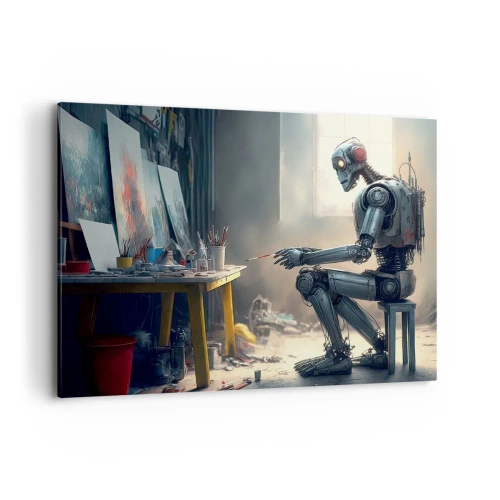 Obraz na płótnie - Robot malujący obraz w artystycznej pracowni - 100x70cm - Akt kreacji - Nowoczesna dekoracja ścienna do salonu, kuchni i sypialni ARTTOR