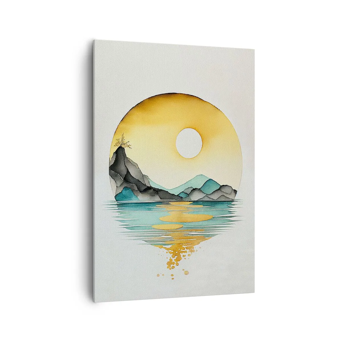 Obraz na płótnie - Akwarelowy pejzaż gór i jeziora w złotej poświacie zachodzącego słońca - 70x100cm - W kręgu piękna - Nowoczesna dekoracja ścienna do salonu i sypialni ARTTOR