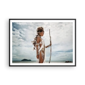 Plakat w czarnej ramie - Stylizowana kobieta na plaży z etnicznymi ozdobami i kijem - 100x70cm - Królowa tropików - Nowoczesna dekoracja ścienna do salonu i sypialni ARTTOR